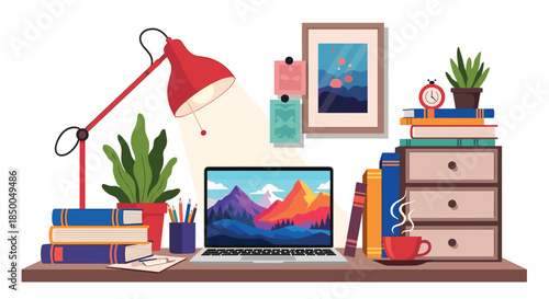 Cozy workspace or study area with a laptop books desk lamp plants and a cup of coffee on a wooden desk.