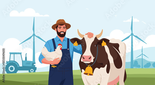 Happy farmer holding a chicken and standing next to a cow on a green field with a tractor and wind turbines in the background.