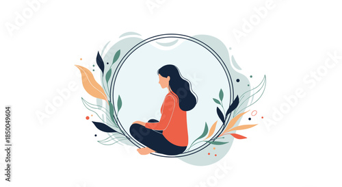 Woman sitting in a meditative pose within a decorative circle of leaves and branches representing mindfulness and self-care.