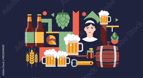 Flat design collage of beer-related elements including bottles mugs hops wheat and a waitress for a brewery or festival.