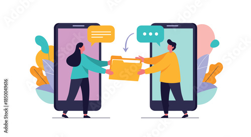 Man and woman exchanging a folder between their giant smartphones illustrating the concept of mobile file sharing.