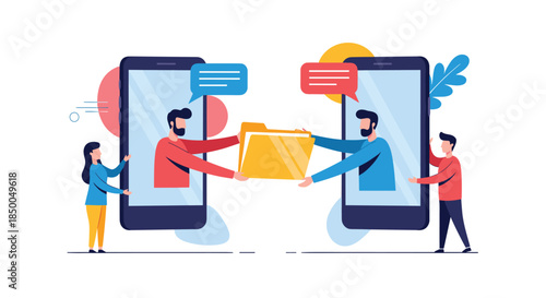 People using their smartphones to transfer a large folder symbolizing digital file sharing and data transfer between users.