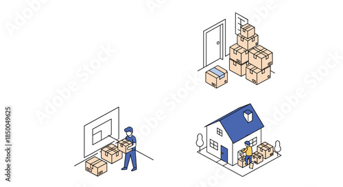 Isometric illustration set showing different stages of moving house with a person carrying boxes into a new home.