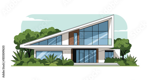 Illustration of a modern luxury house with a unique triangular roof design large windows and surrounded by green trees.