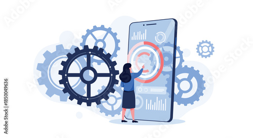 Woman interacting with a large smartphone displaying data analytics while surrounded by interlocking gears symbolizing system development.