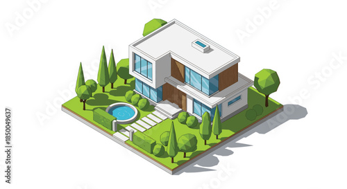 Isometric view of a modern two-story family house with large windows a flat roof a swimming pool and a green landscaped garden.