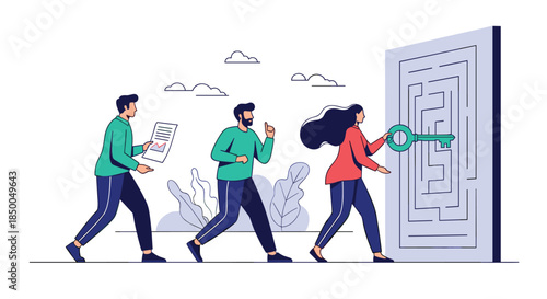 Business team following a female leader who is unlocking a complex maze with a large key symbolizing problem-solving and strategy.