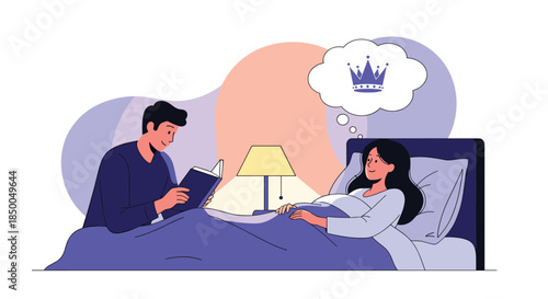 Loving man reading a fairytale bedtime story from a book to a woman who is dreaming of a crown while lying in a cozy bed.