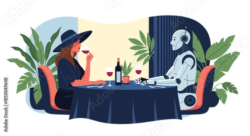 Elegant woman in a hat having a romantic dinner with a humanoid robot in a restaurant exploring themes of AI and relationships.