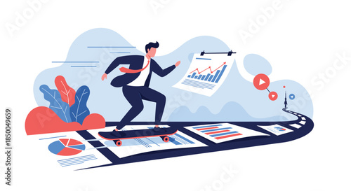 Dynamic businessman in a suit riding a skateboard on a path made of financial reports and charts toward a business goal.