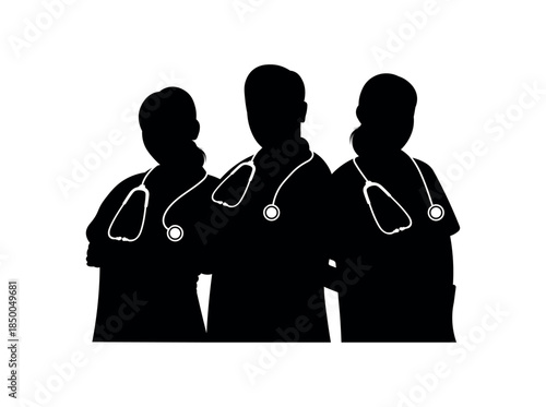 Medical team silhouette with stethoscope standing together