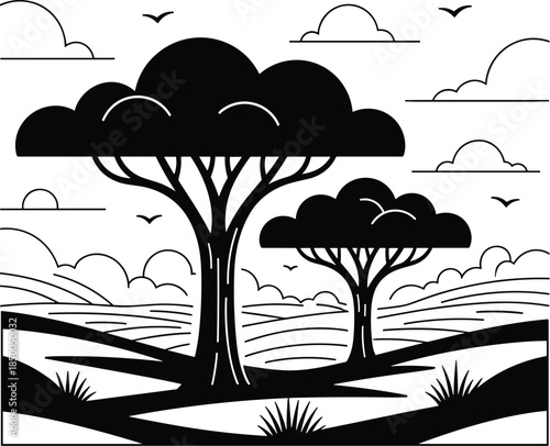 African savannah landscape with trees and birds