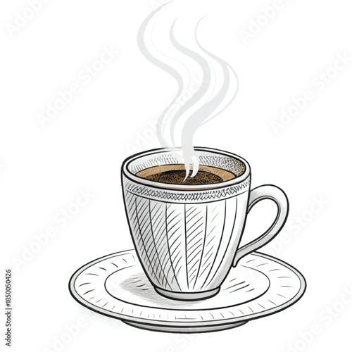 Aromatic Coffee: An illustration of a steaming cup of coffee, perched elegantly on a matching saucer. The rising wisps of steam hint at the fresh brew's inviting warmth and rich flavor.