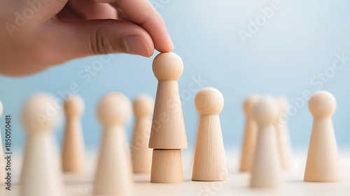 A strategic hand places a wooden figure atop another, elevating it among the group, symbolizing leadership, support, and growth within the team. Empowerment through unity.