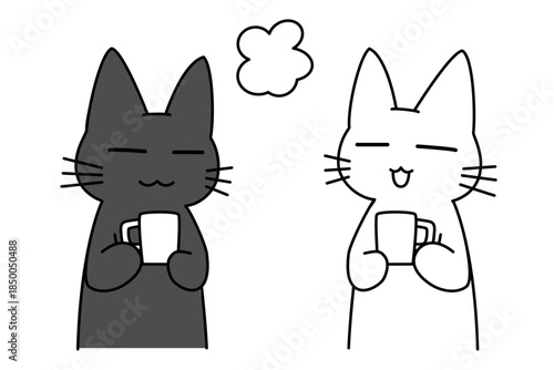 コーヒーブレイクでリラックスする黒猫と白猫の可愛いイラスト