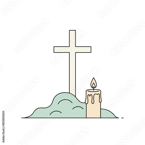 Simple cross and candle on grave with soft lighting  