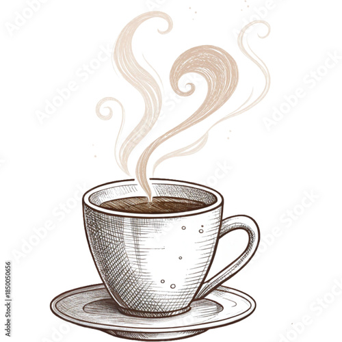 A Steaming Cup of Coffee: A beautifully drawn illustration of a coffee cup filled with freshly brewed coffee, exuding delicate wisps of steam