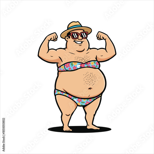 A humorous cartoon illustration of a smiling man in a floral bikini, sun hat, and sunglasses posing confidently.