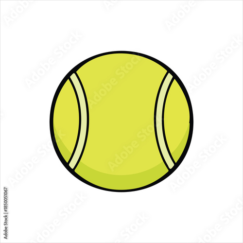 A simple vector illustration of a bright yellow tennis ball with standard white curved seams and a black outline.