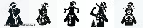 vector silhouette father carrying child on his shoulders at christmas