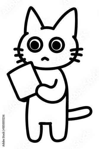 書類をじっと見る猫のイラスト 確認 検討 立ち姿 かわいい 白猫