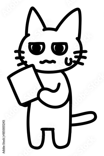 書類の内容に絶望する猫のイラスト 焦り 困惑 立ち姿 かわいい 白猫