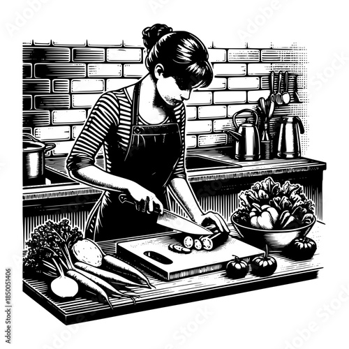 a woman cutting vegetables on a cutting board in kitchen vector illustration image