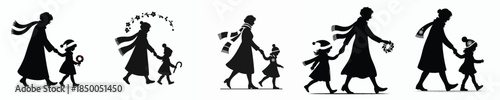vector silhouette grandmother walking holding the hand of her granddaughter