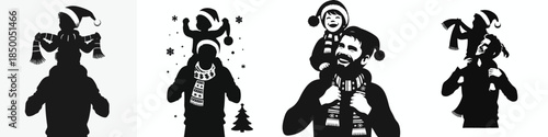vector silhouette father carrying child on his shoulders at christmas