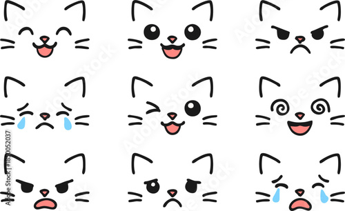 Cute kawaii cat face emoji vector set with whiskers, noses, and expressive eyes showing happy, sad, angry, crying, crazy, surprised, and playful pet emotions.