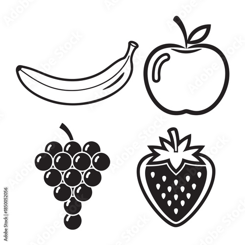Simple line art of various fruits including banana apple strawberry and grapes