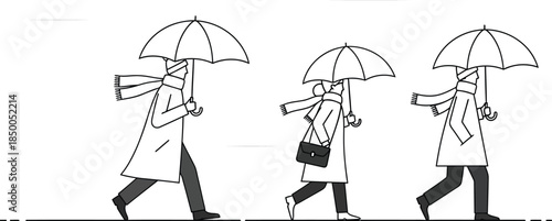 Minimalist line art depiction of three bundled up figures walking through heavy wind and rain carrying umbrellas