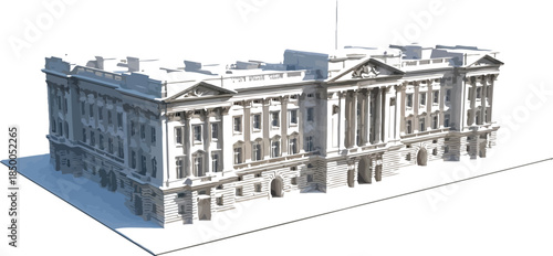 Detailed 3d model of Buckingham Palace isolated on white background featuring classical architecture and stone facade