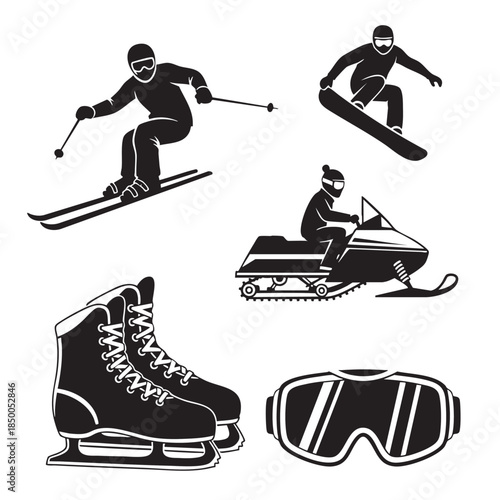 Skier snowboarder ice skates and goggles collection for winter sports enthusiasts