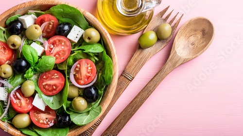Freshly made Greek salad with tomatoes, olives, feta, spinach, and dressing on pink surface