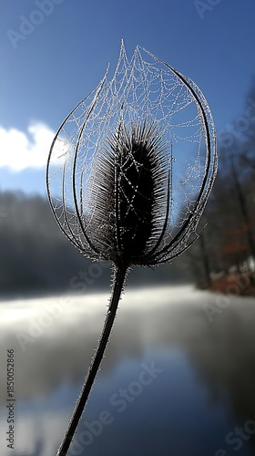 Frost-covered teasel plant with spiderwebs against a blurry lake and sunny blue sky