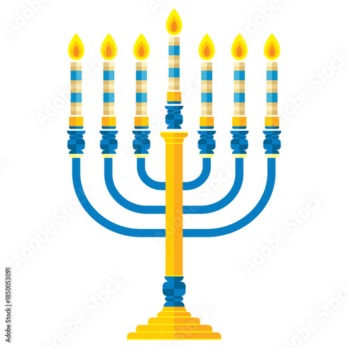 Flat vector illustration of a traditional Jewish menorah with seven lit candles, symbolizing Hanukkah.