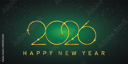 Stylish 2026 Happy New Year abstract green and gold background with Northern lights or aurora borealis in a clear starry night sky - high quality vector perfect for holiday banners with vector 