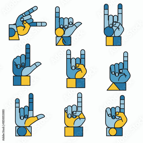 A captivating collection of abstract geometric hand gestures in a modern flat design, showcasing diverse human communication concepts and expressive non-verbal signs with a vibrant two-tone palette