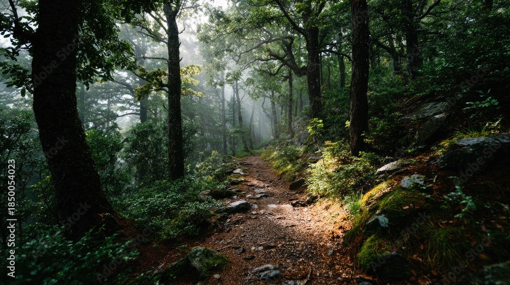 Obraz premium Mysterious Foggy Forest Path in Natural Light 