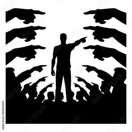 hands pointing,silhouette of person,confrontation,accusation,judgment,crowd vector illustration image