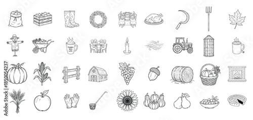 Harvest season doodle icon set, autumn farm elements, pumpkins fruits vegetables, rural tools and objects, cozy fall symbols, hand drawn line art collection