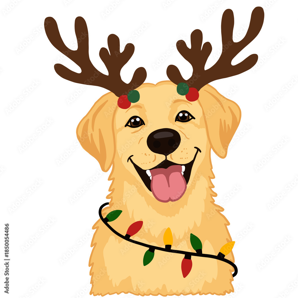 Fototapeta premium Christmas Labrador Retriever Dog with Reindeer Antlers and Holiday Lights on Transparent Background