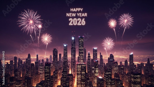Fireworks Over the City Skyline: Witness the breathtaking display of fireworks illuminating the night sky above a futuristic cityscape, ringing in the New Year with dazzling colors and radiant energy.