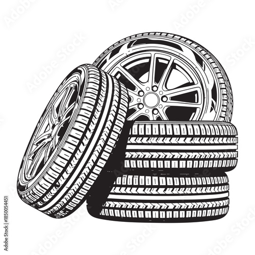 Stack of detailed car tires with rims isolated on transparent background