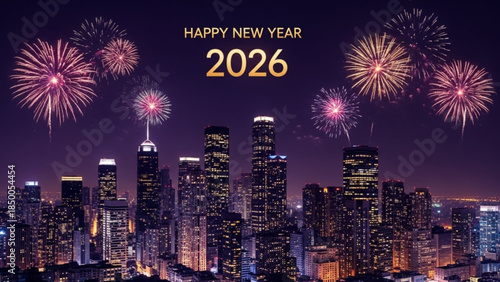New Year's Eve City Fireworks Display: Capturing the vibrant energy of New Year's celebrations, a dazzling fireworks display erupts over a modern city skyline. It's a colorful spectacle of light.