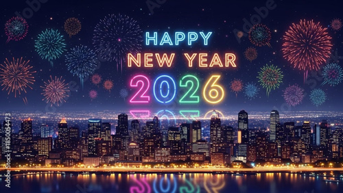 Celebratory Fireworks over Cityscape: A vibrant display of fireworks illuminates the night sky above a cityscape, heralding the arrival of the new year with a message of joy and anticipation. 