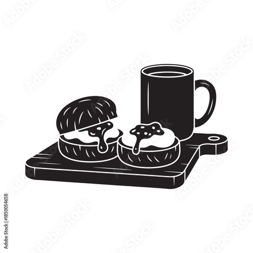 Breakfast spread with bagels toppings and a beverage on a tray