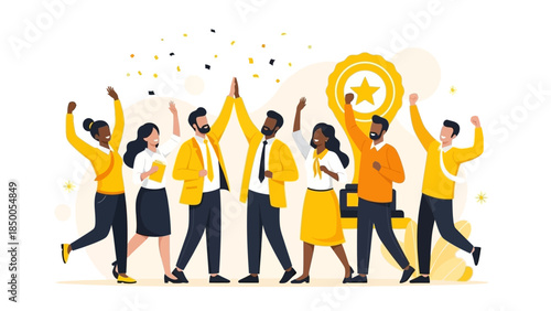 Diverse group of people celebrating success and achievement with enthusiasm.