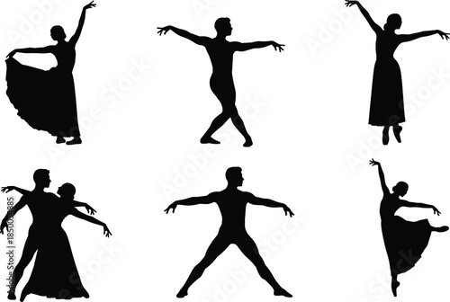 Elegant ballet dancer silhouettes showcasing classical dance poses, graceful movement, artistic performance figures isolated on white background for choreography, theatre, 